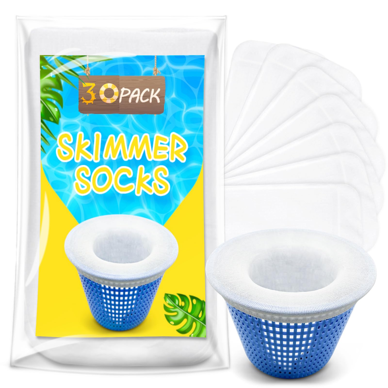ROMIVO pool skimmer socks package display showing a bulk pack for easy replacement and maintenance.