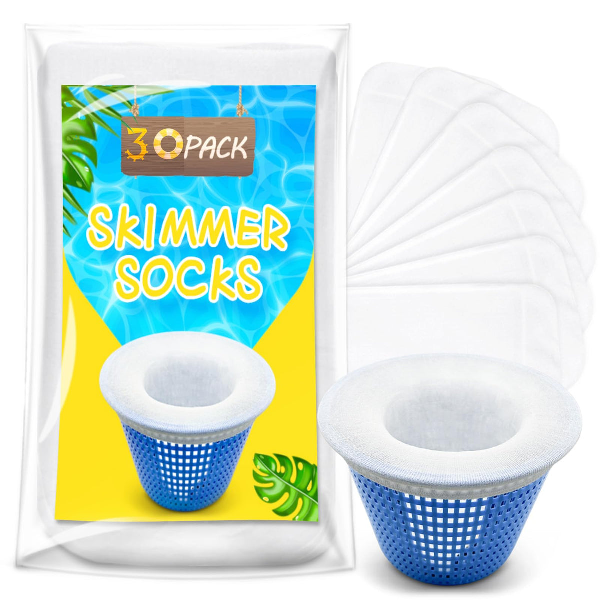ROMIVO pool skimmer socks package display showing a bulk pack for easy replacement and maintenance.
