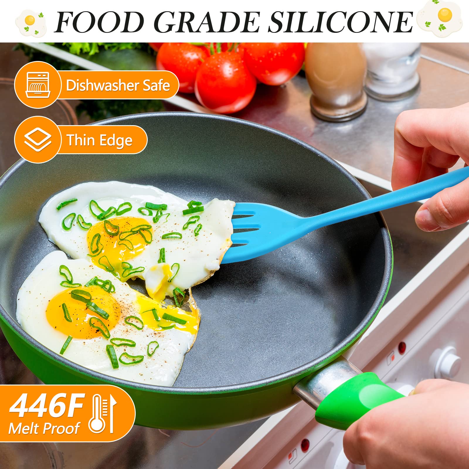 Romooa blue slotted turner protects nonstick surfaces while flipping