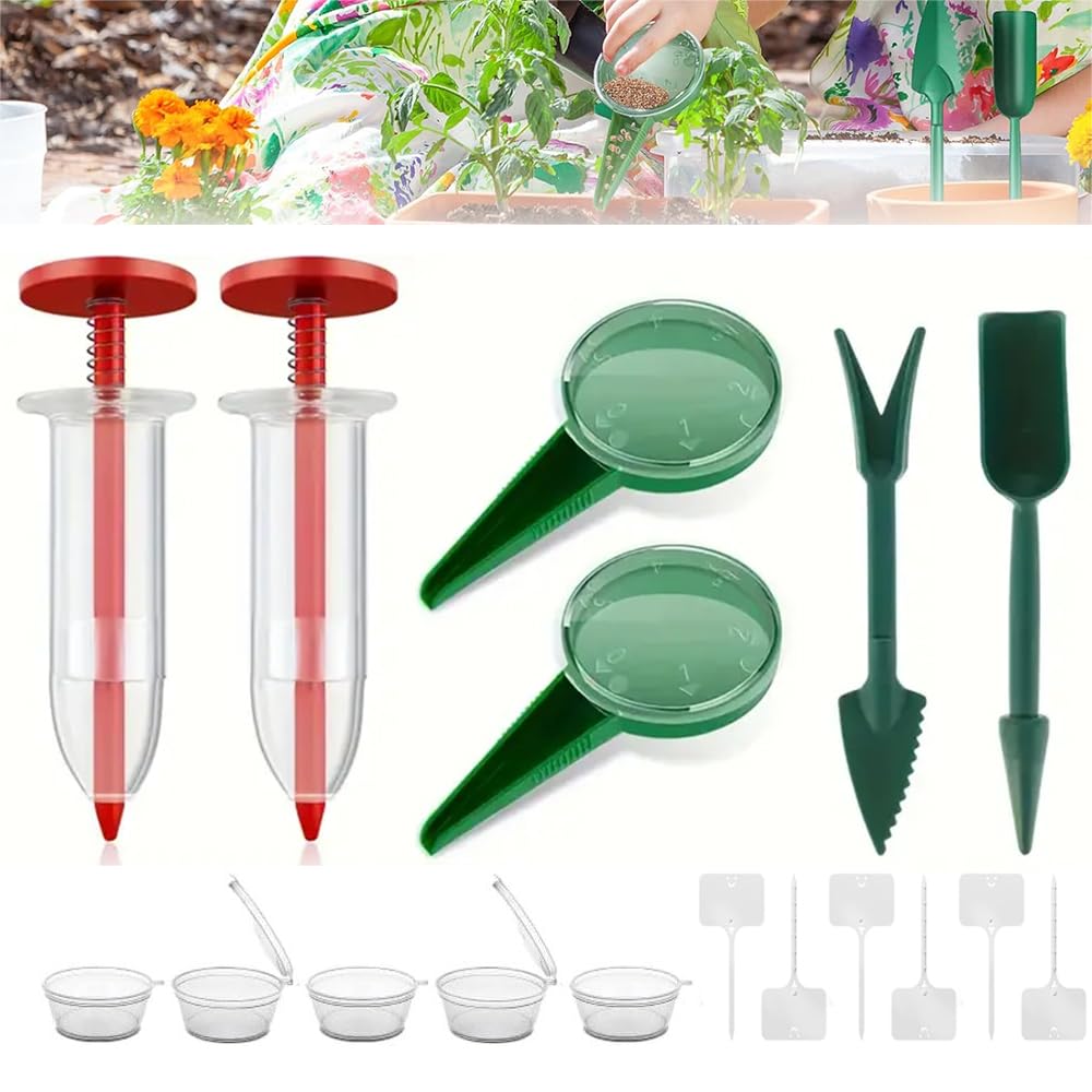 Rongkey red mini seed spreader for precise sowing in small beds.