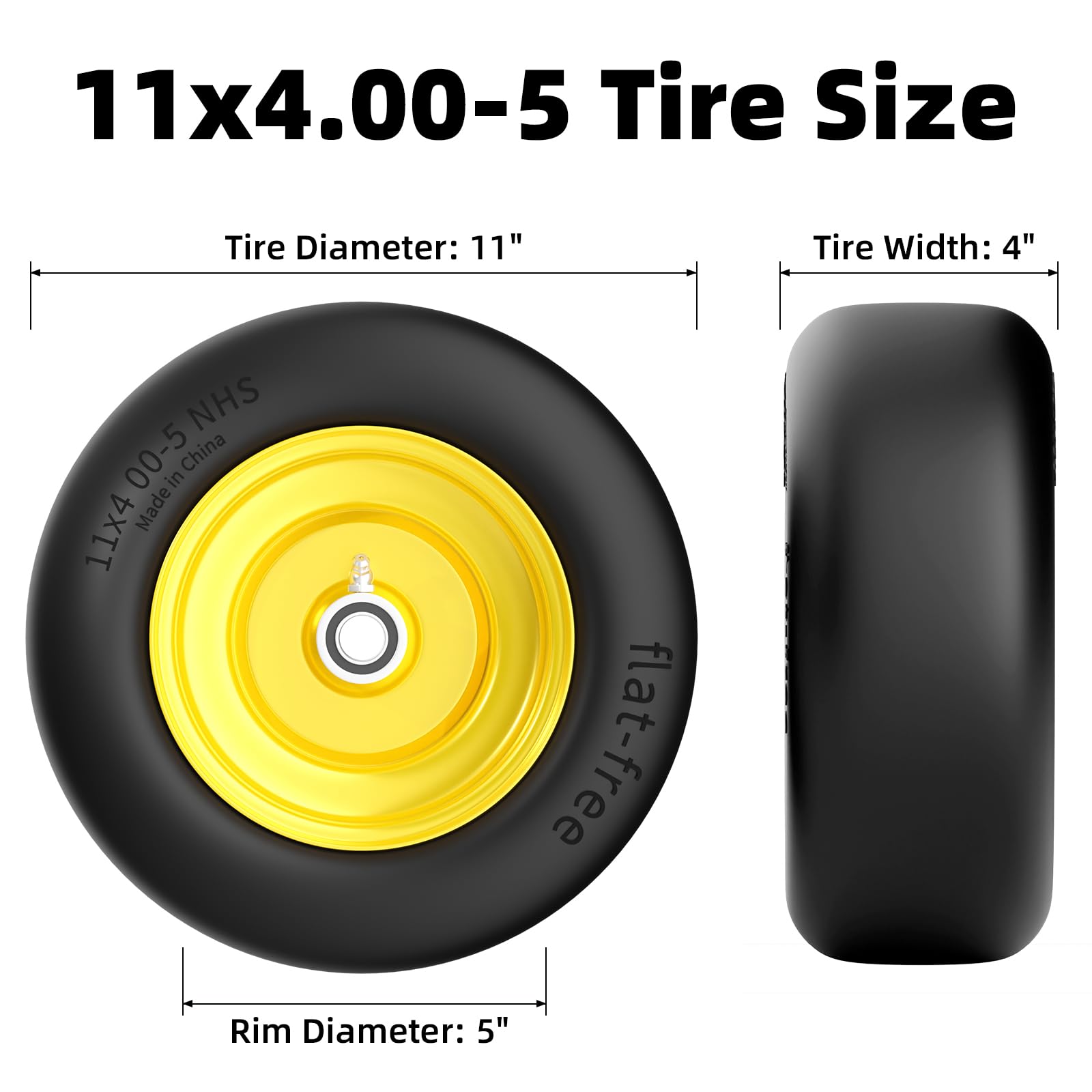 RONPOW 11x4-5 flat free tire side view highlights rugged traction on uneven terrain.