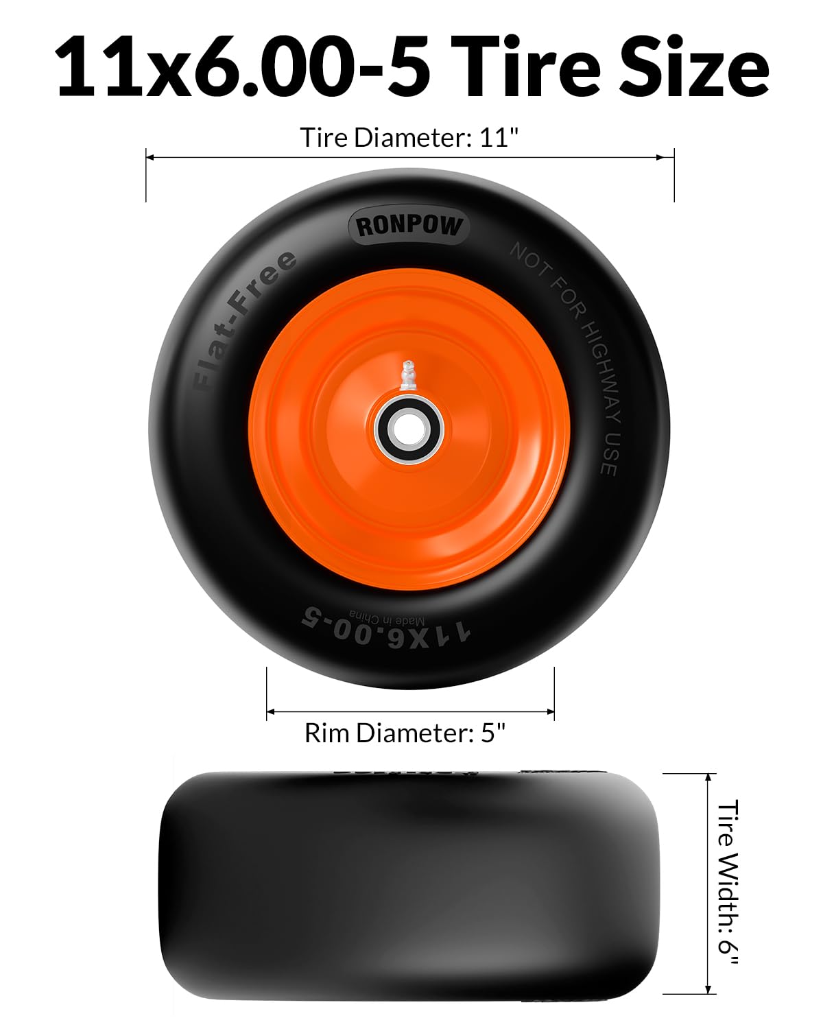 RONPOW 11x6.00-5 flat free tire side view demonstrates robust build and stability