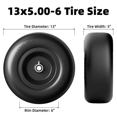 RONPOW 13x5-6 flat-free tire side view shows rugged durability for mowing.