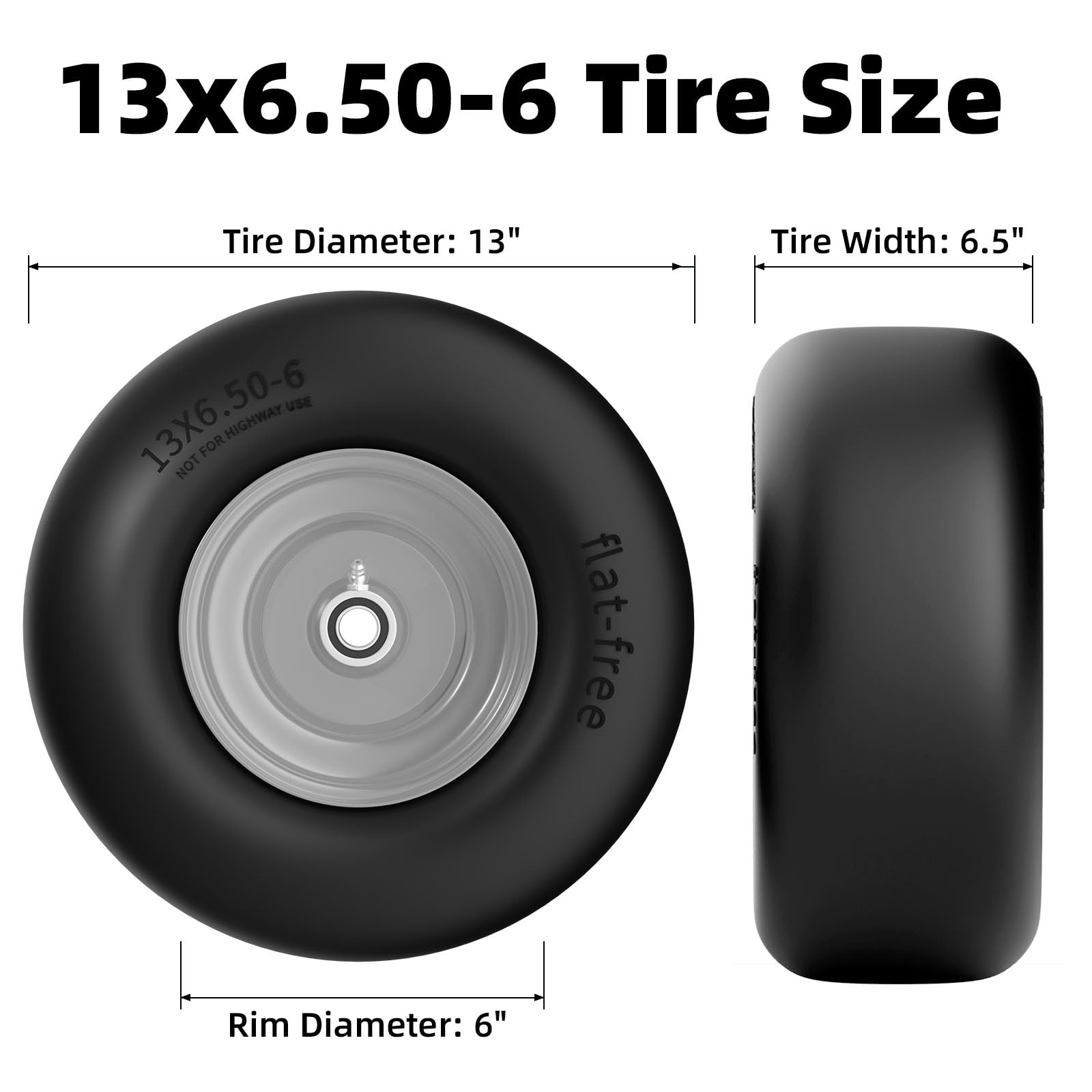RONPOW flat-free tire close-up shows tread and solid core for puncture resistance.
