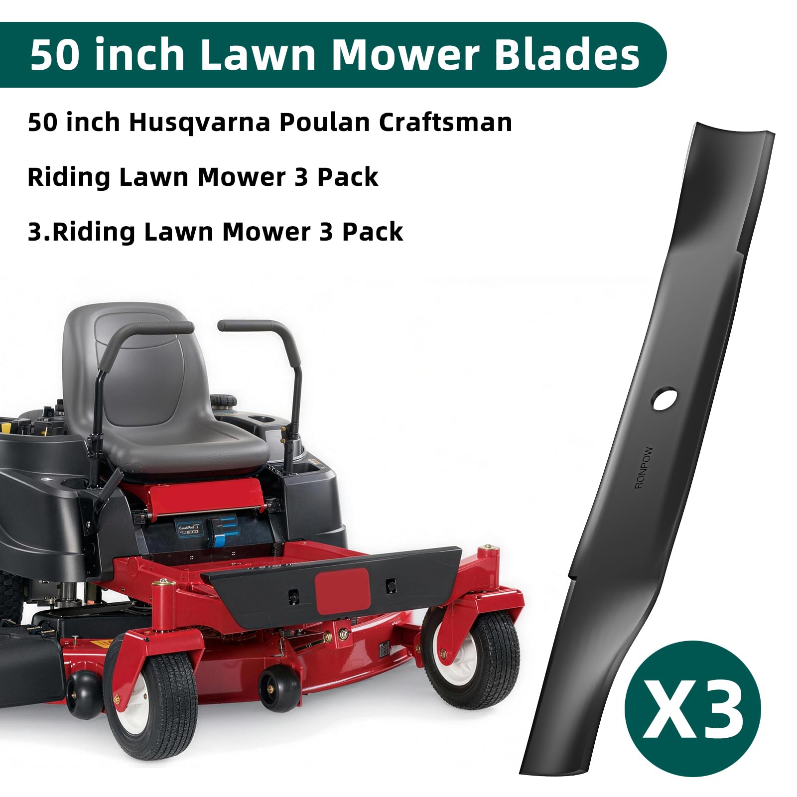 RONPOW 3-pack blades ready for quick 50-inch deck replacement.