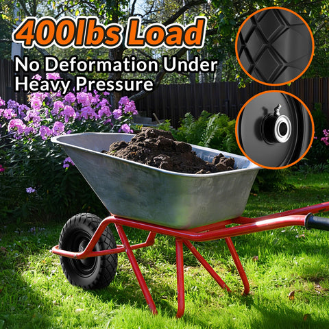 RONPOW puncture-proof polyurethane tire in-use on a garden cart.