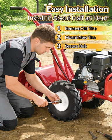 RONPOW rear-tine tire load support confirms sturdy construction.