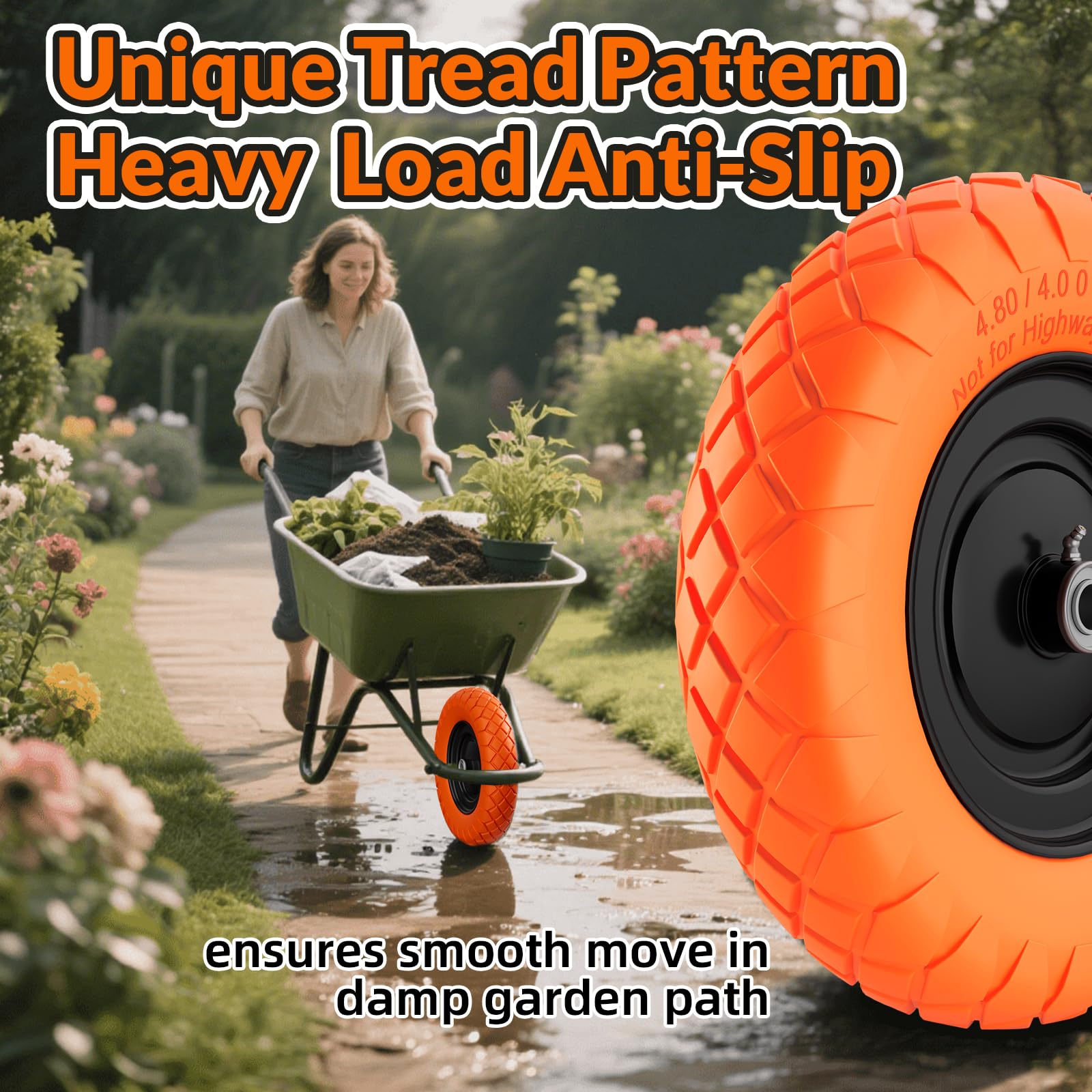 RONPOW smooth-rolling tread pattern aids pushing across grass, gravel, and mud.