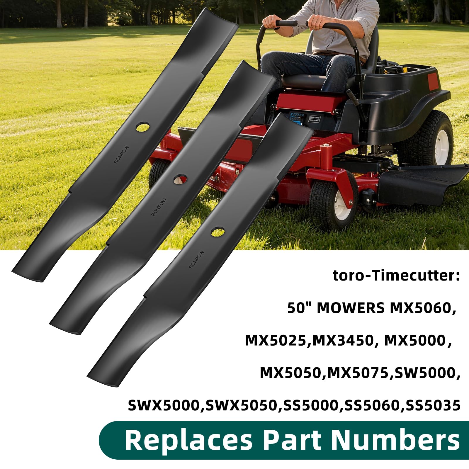 RONPOW 50-inch Toro TimeCutter blades demonstrated for reliable cutting.