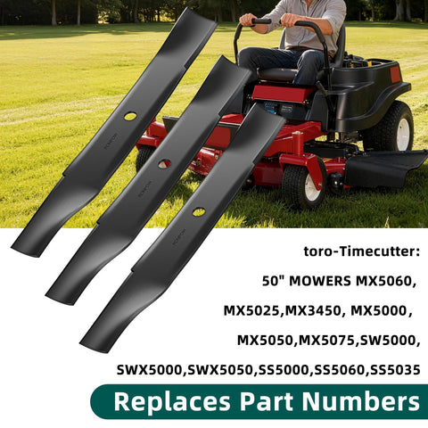 RONPOW 50-inch Toro TimeCutter blades demonstrated for reliable cutting.