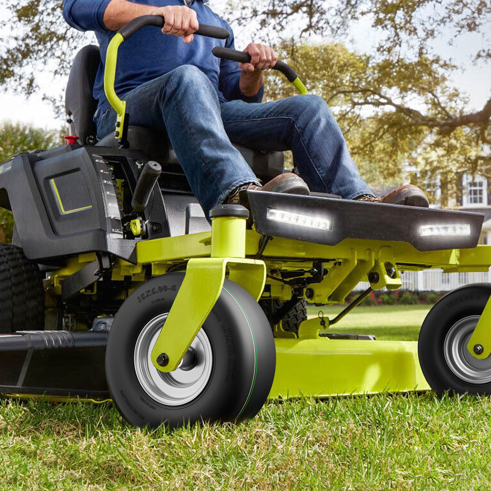 RONPOW tubeless turf tire 13x5-6 mounted on mower rim for easy installation.