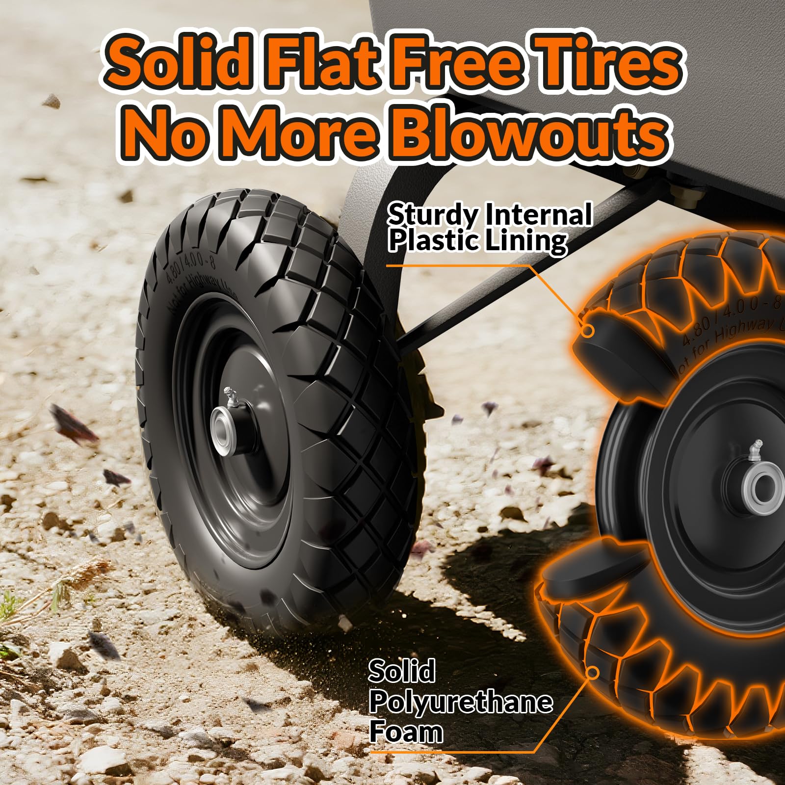 RONPOW weather-resistant polyurethane tire enduring sun and rain.
