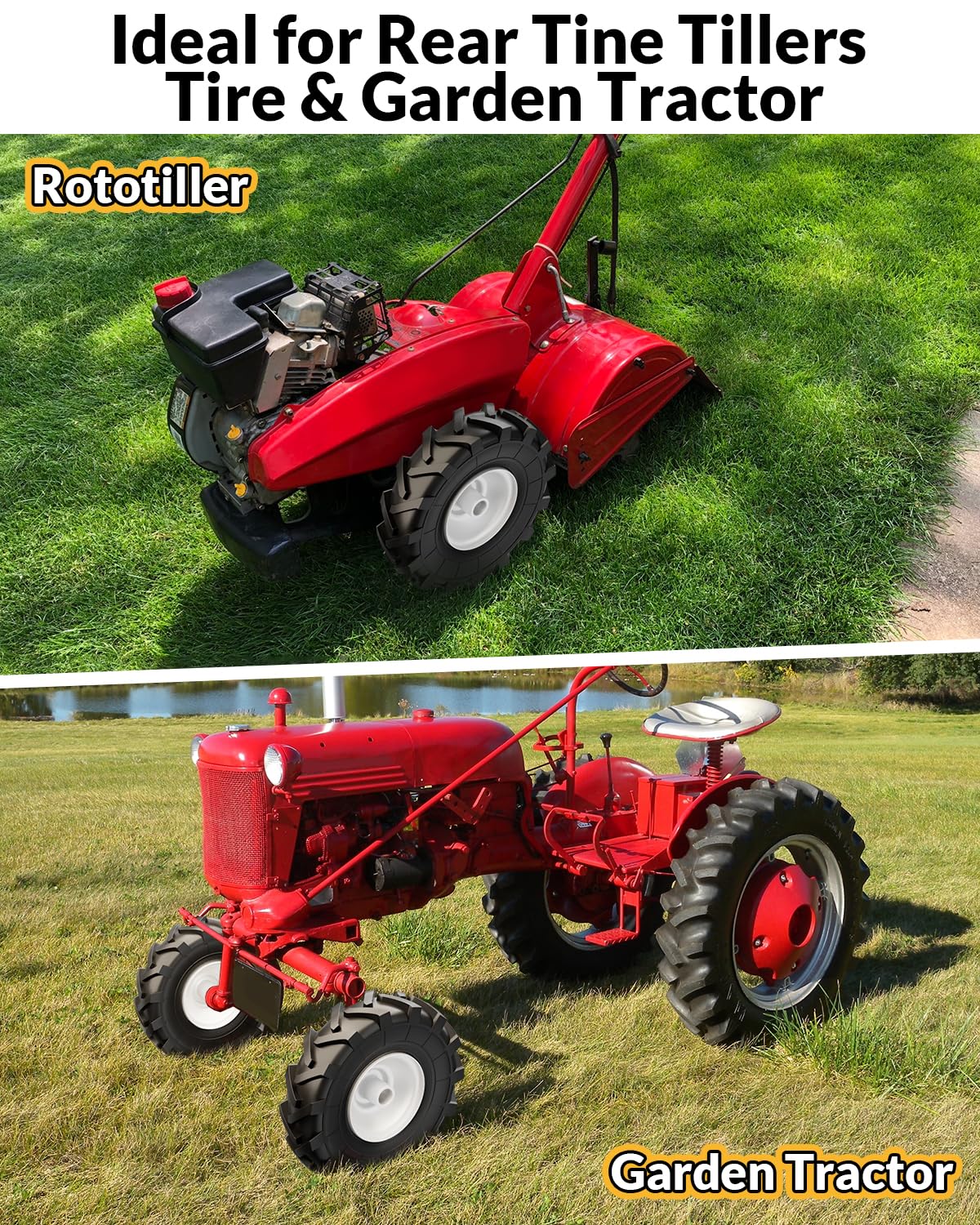 RONPOW wheel-fit visualization shows standard tiller compatibility.