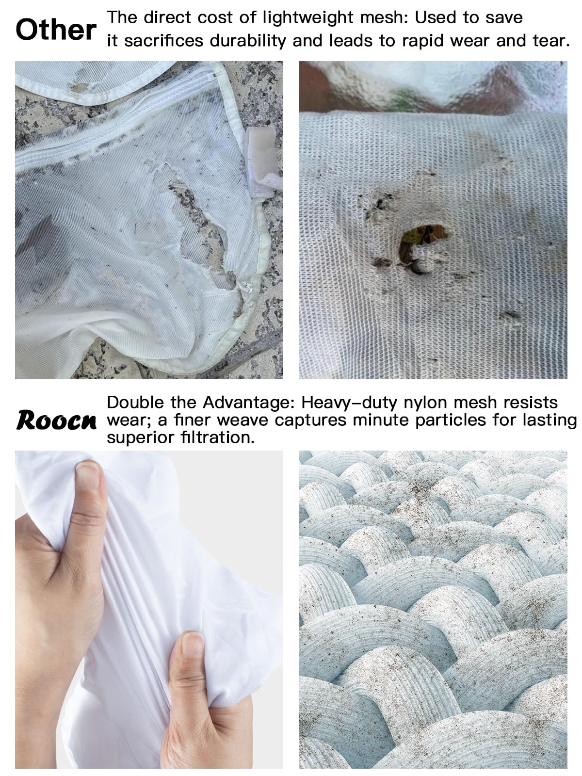 Roocn close-up of heavy-duty mesh with reinforced stitching for durability.