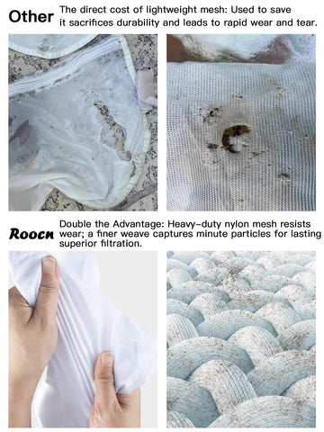 Roocn close-up of heavy-duty mesh with reinforced stitching for durability.