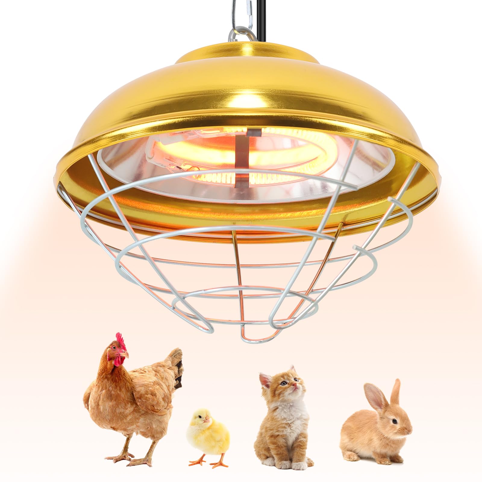 Roodike hanging coop heater front view with durable aluminum cover and mesh safety frame