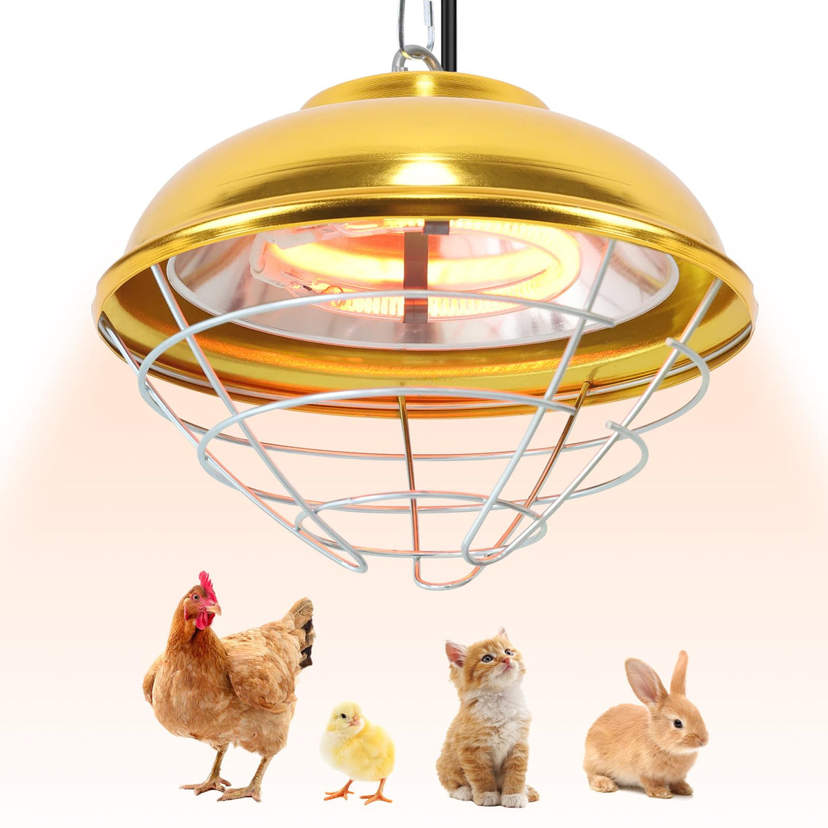 Roodike hanging coop heater front view with durable aluminum cover and mesh safety frame