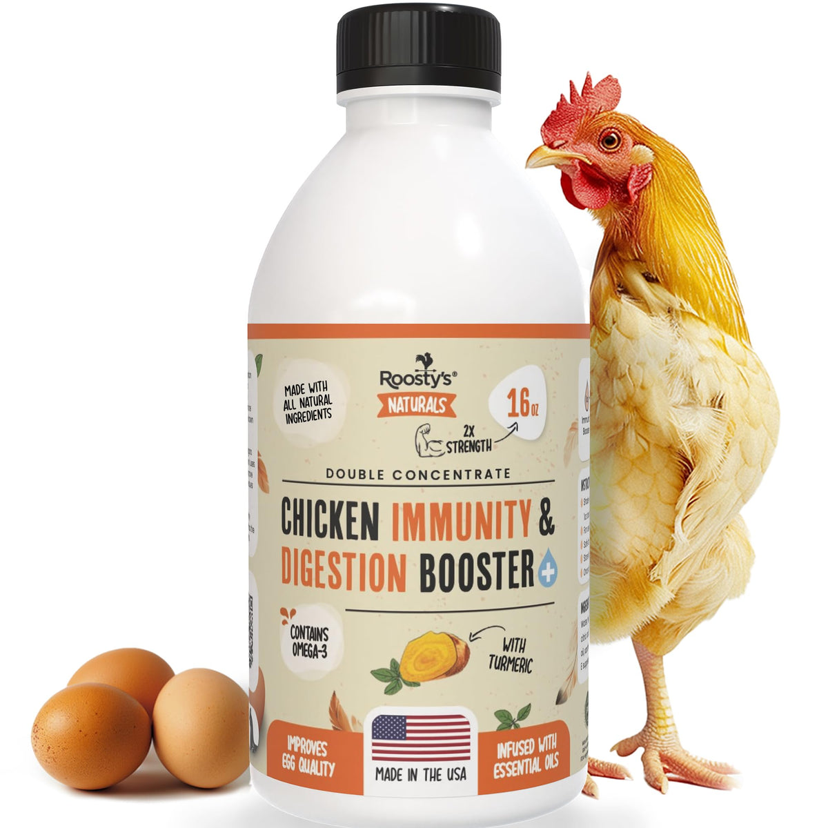 Roosty's Immunity & Digestion Booster bottle poured into water to support flock health.
