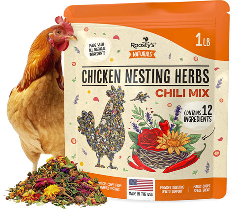 Roosty's Naturals Chicken Nesting Herbs Chili Mix in jar boosts coop aroma and treats