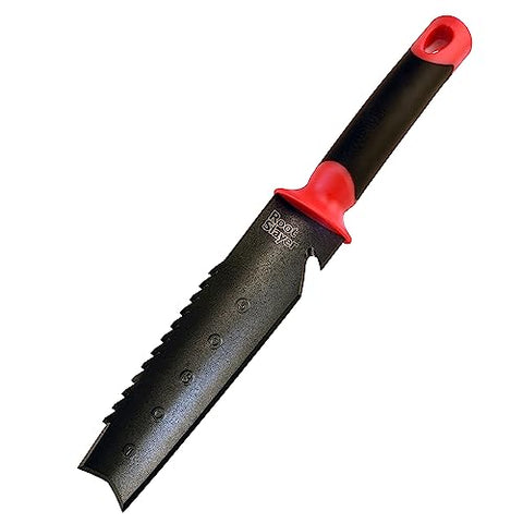 Root Slayer inverted V-tip guides root cutting in tight spaces.
