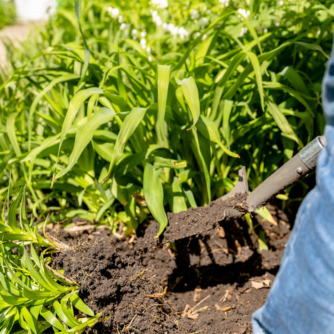 Root Slayer Perennial Shovel ready for transplanting, digging, and root cutting.
