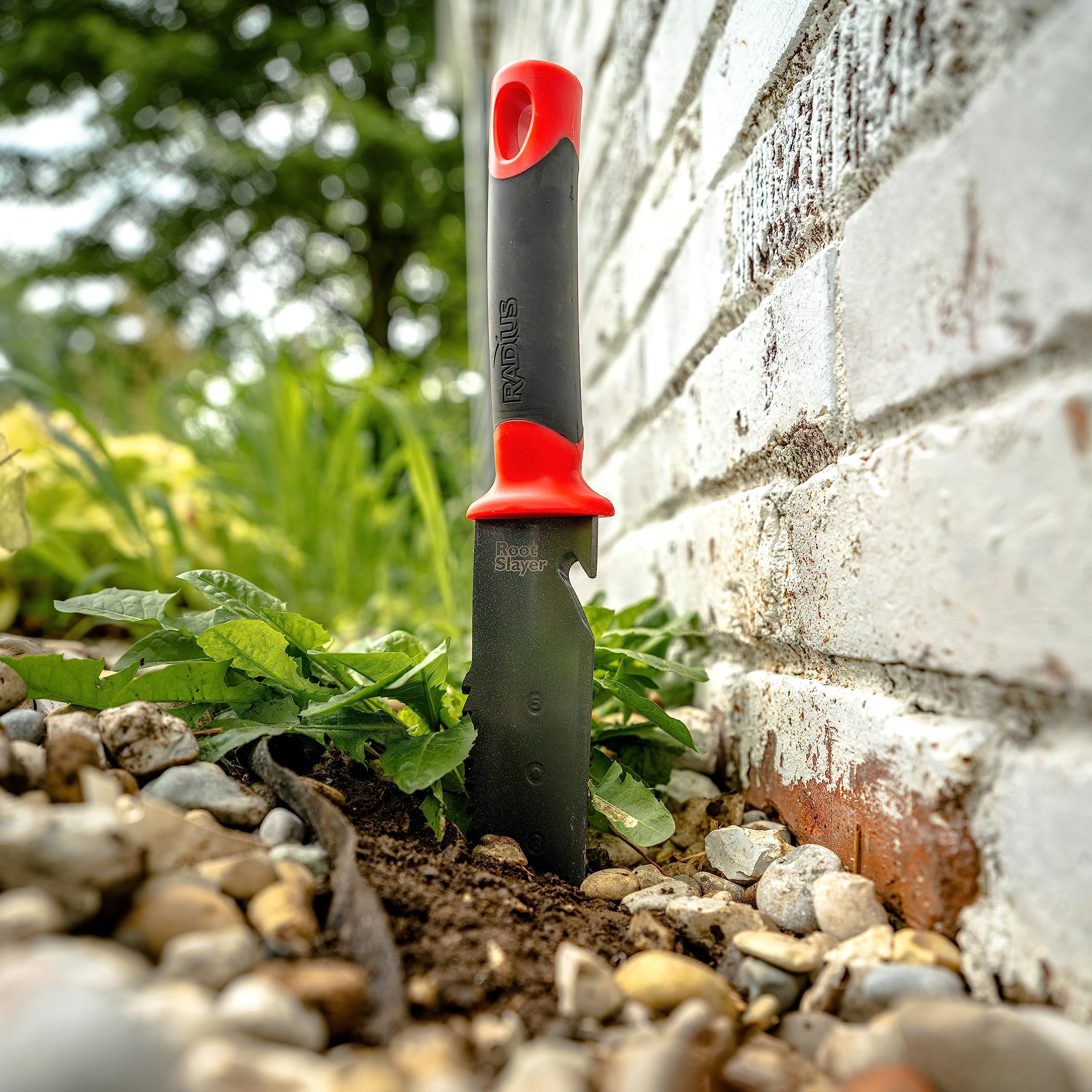 Root Slayer powder-coated carbon steel blade resists wear and remains sharpenable.