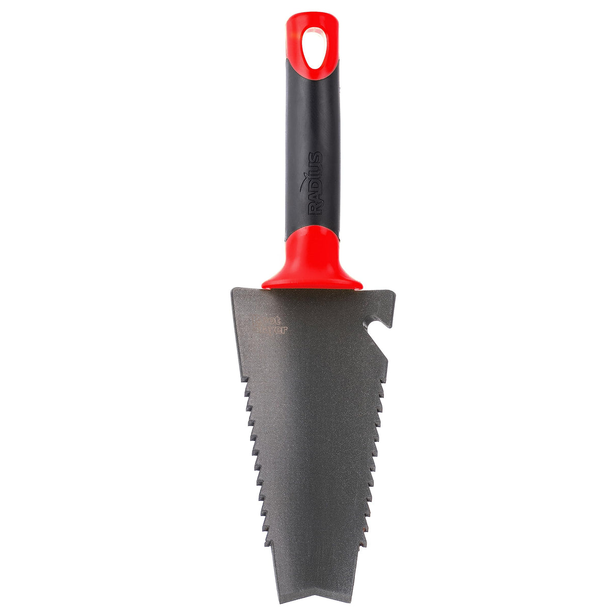 Root Slayer trowel blade close-up highlights rugged carbon steel for root cutting.