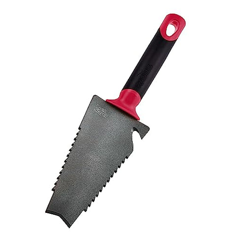 Root Slayer trowel inverted V-cut tip slices through dense soil and roots.