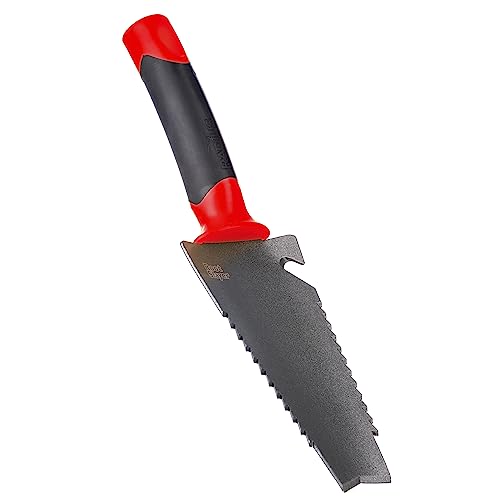Root Slayer trowel serrated blade with ripsaw teeth cuts through tough roots.