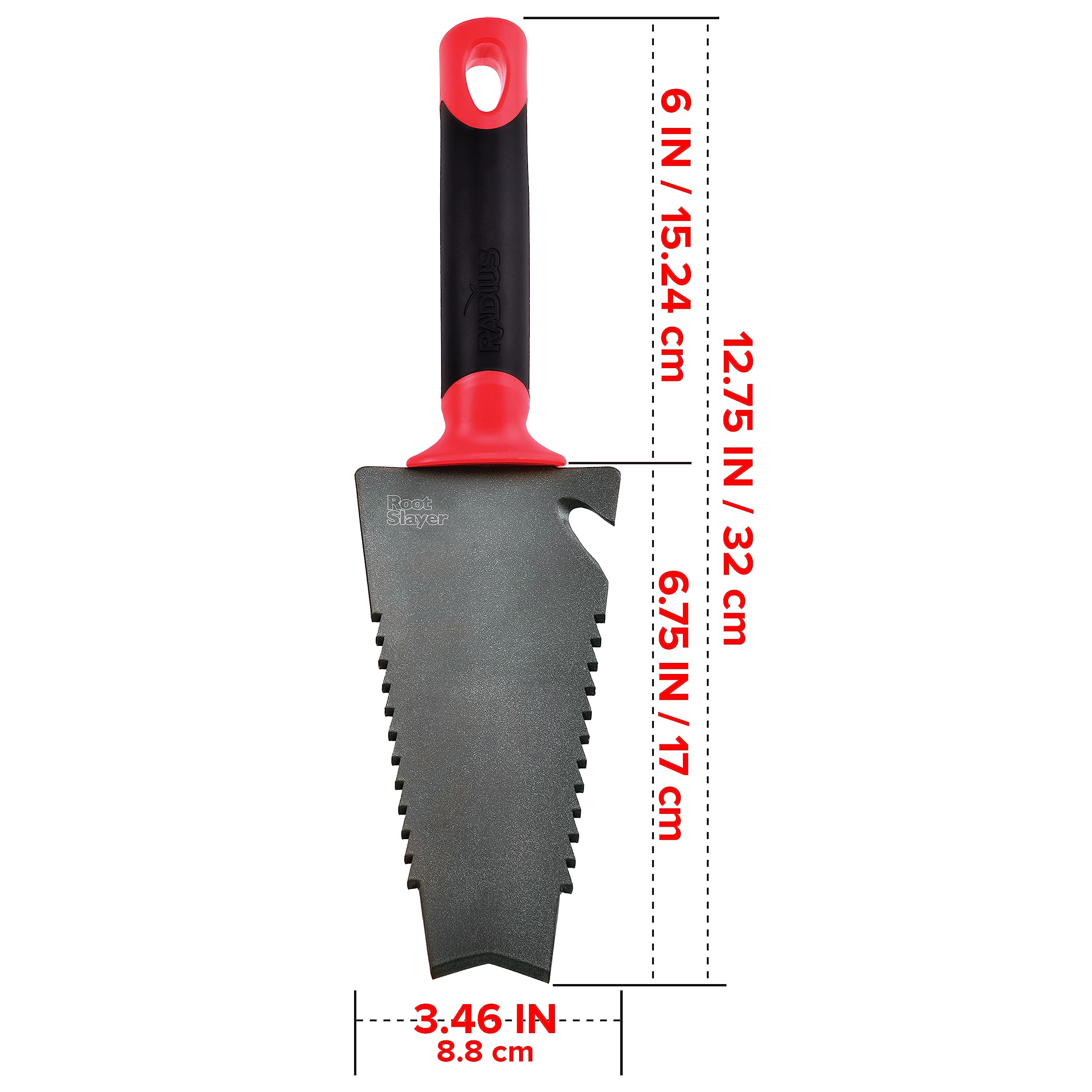 Root Slayer trowel twine cutter doubles as bottle opener for convenient garden tasks.
