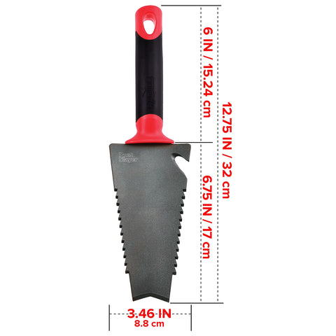 Root Slayer trowel twine cutter doubles as bottle opener for convenient garden tasks.