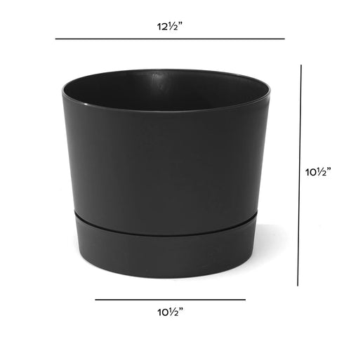 Root & Vessel Majestic MCM pot tray removed exposes drainage holes for outdoors.