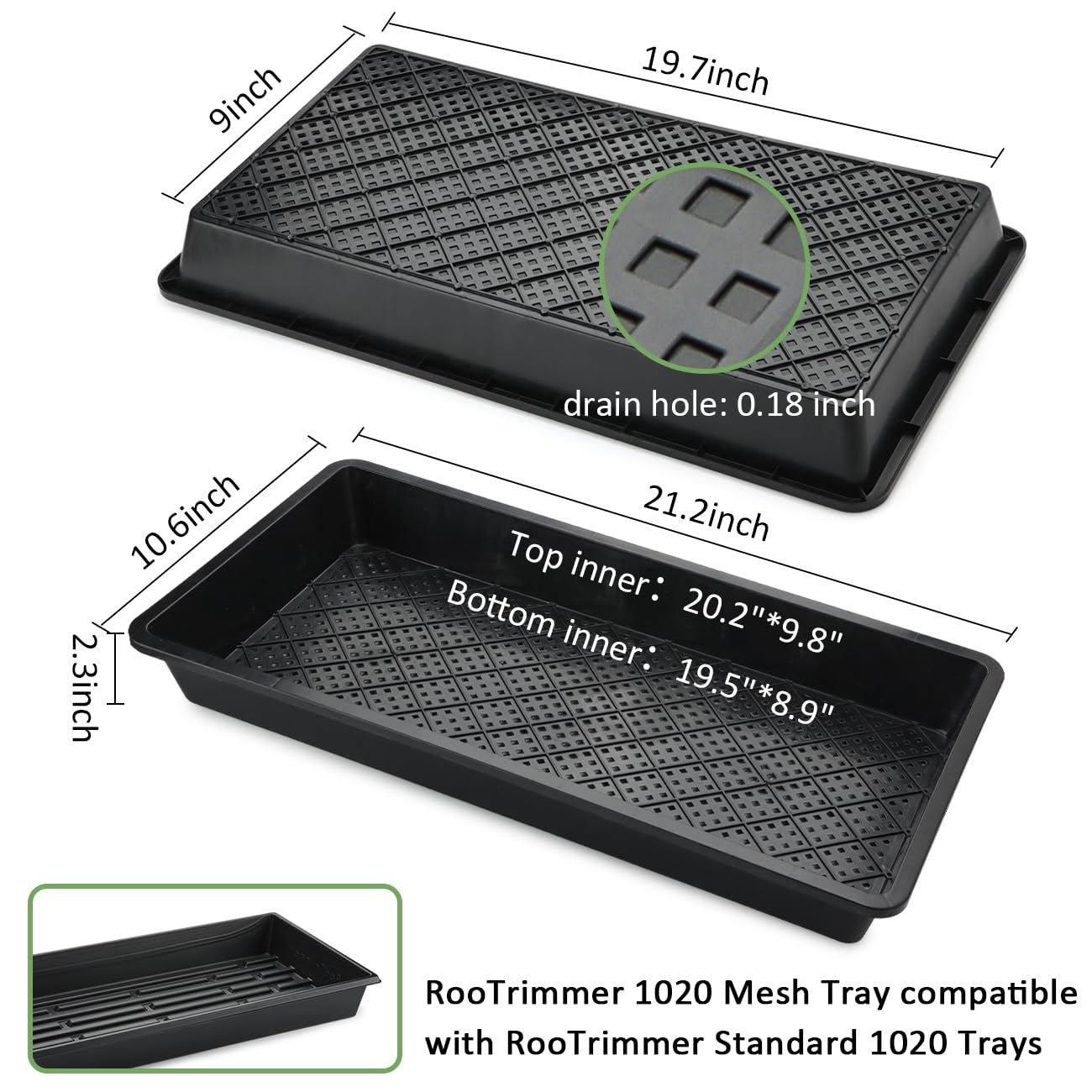 RooTrimmer 21 by 10.6 inch tray shows ideal size for dense planting.