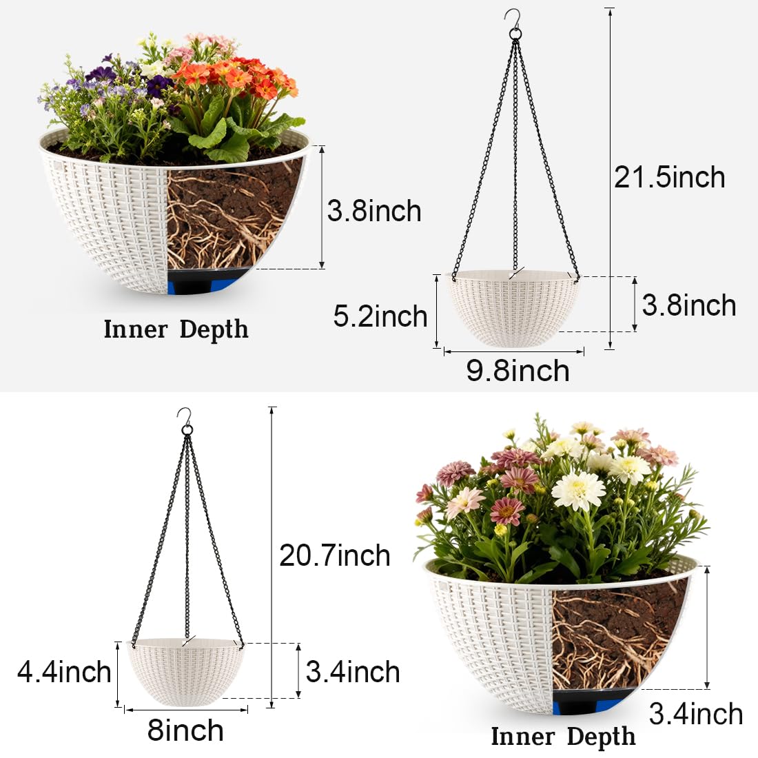 RooTrimmer 10-inch hanging planter with drainage holes for outdoor use.