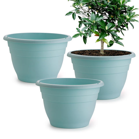 RooTrimmer 11-inch blue plant pot for indoor or outdoor use with sleek design.