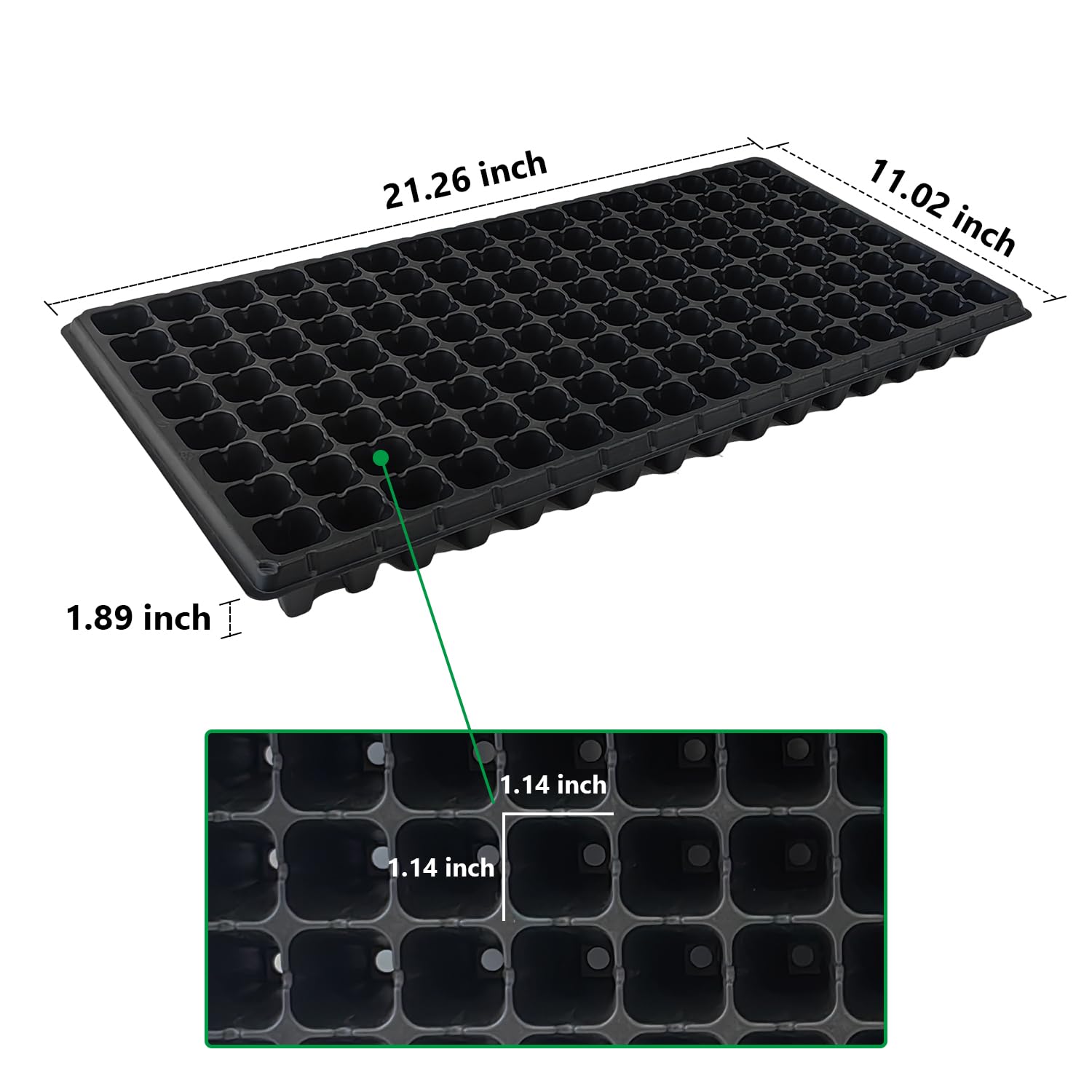 RooTrimmer 128-cell seed tray side view shows stacking and handling ease.