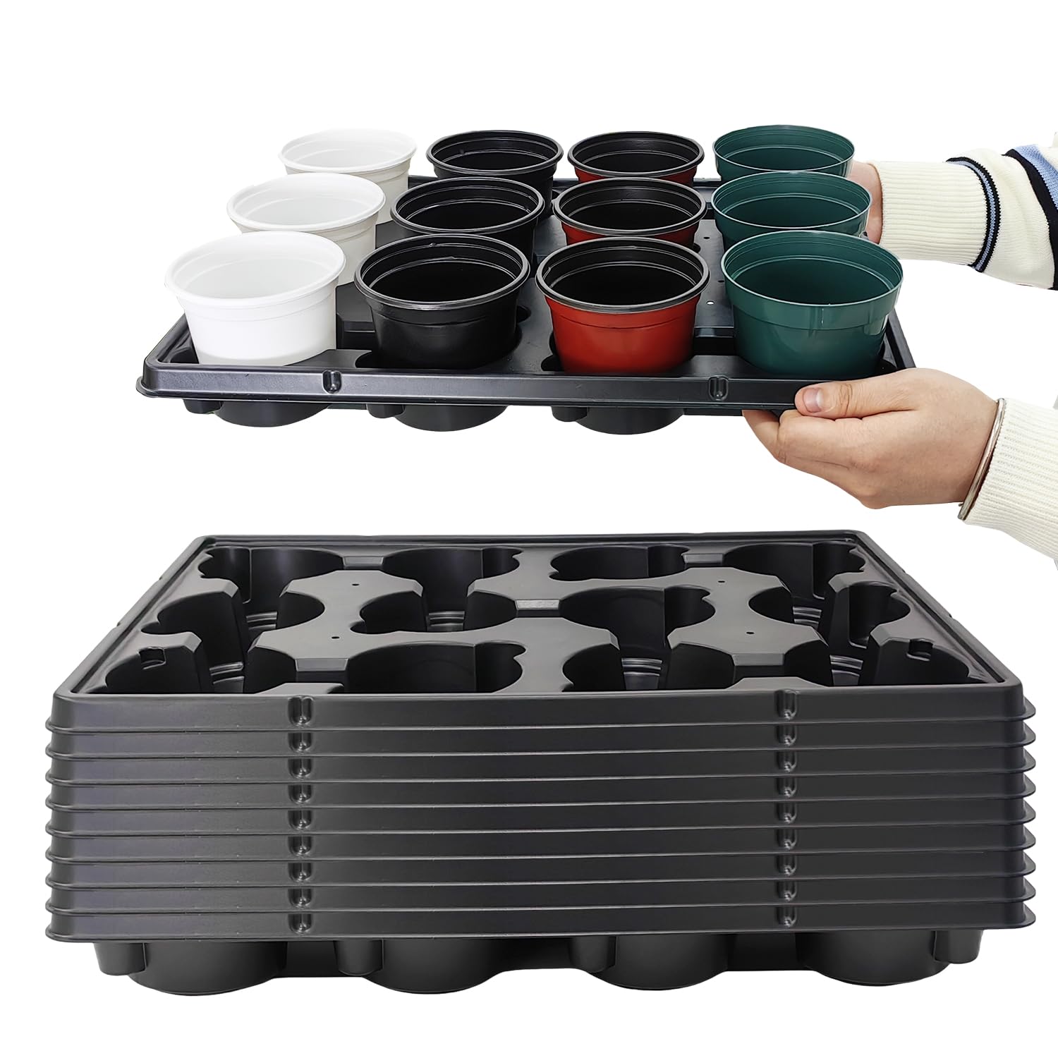 RooTrimmer 12-cell round tray holding 4-inch pots for organized seedling setup and efficient transport.
