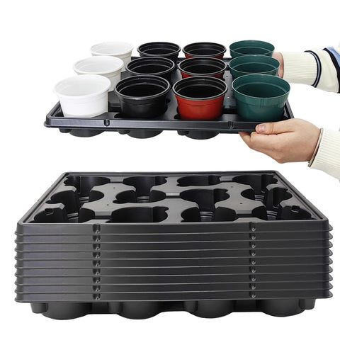RooTrimmer 12-cell round tray holding 4-inch pots for organized seedling setup and efficient transport.