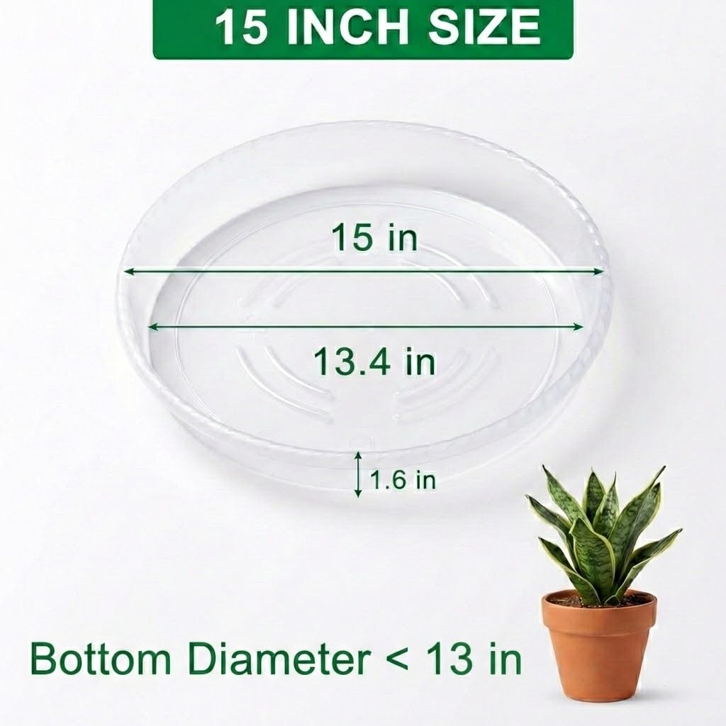 RooTrimmer 15-inch clear plant saucer catching excess drainage to protect surfaces.