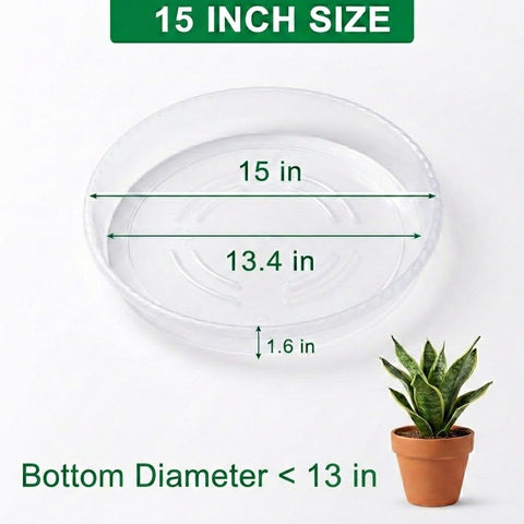 RooTrimmer 15-inch clear plant saucer catching excess drainage to protect surfaces.