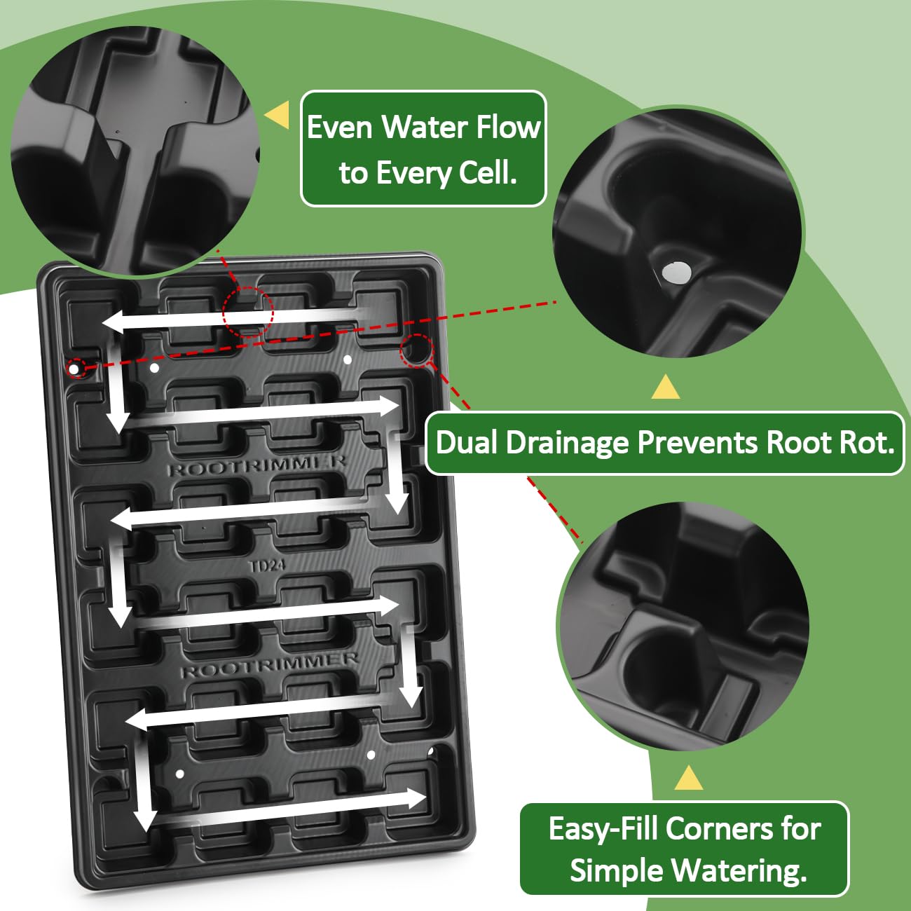 RooTrimmer 24-cell tray cell dimensions show fit for 3-inch pots.