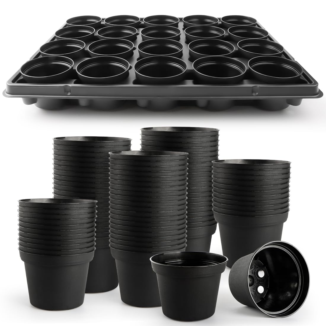 RooTrimmer 3-inch plastic pots stacked for easy storage and reuse.