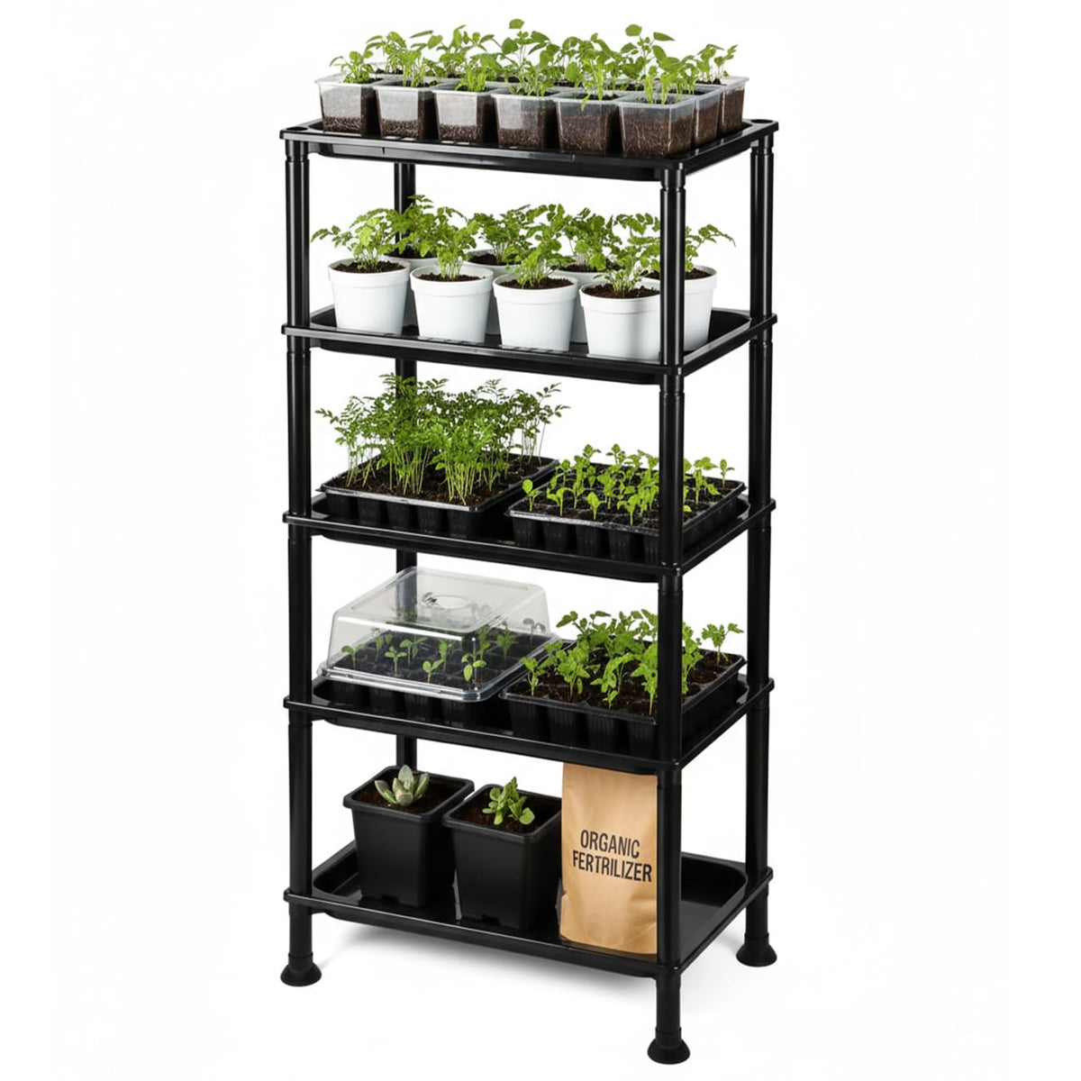 RooTrimmer 5-Tier Seed Starter Trays front view shows stacked shelves for space-efficient seed starting.