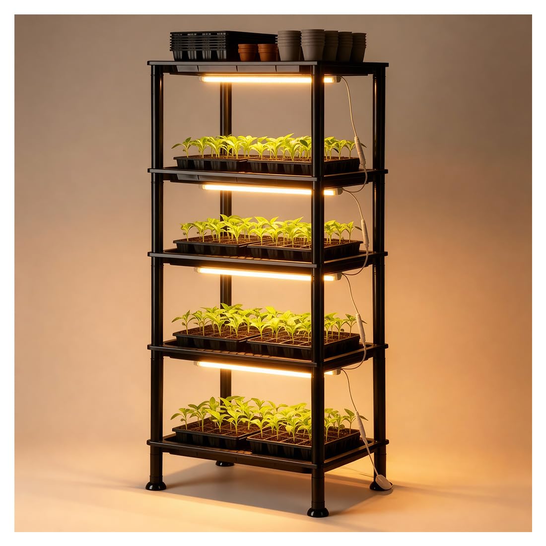 RooTrimmer 5-tier seed starter stand supports thriving seedlings.