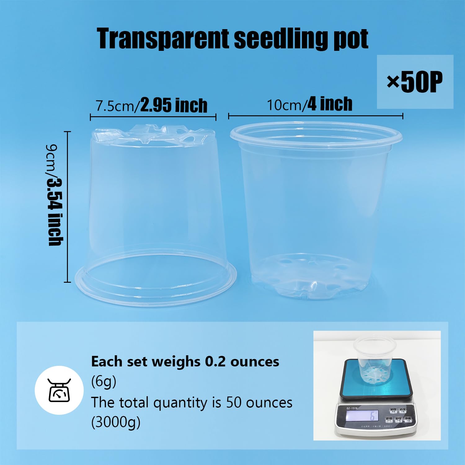 RooTrimmer 50-pack clear seeding pots pack demonstrates organized seed starting setup.
