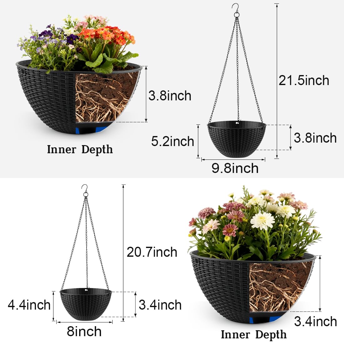 RooTrimmer 8-inch hanging planter with classic black woven design complements any decor.