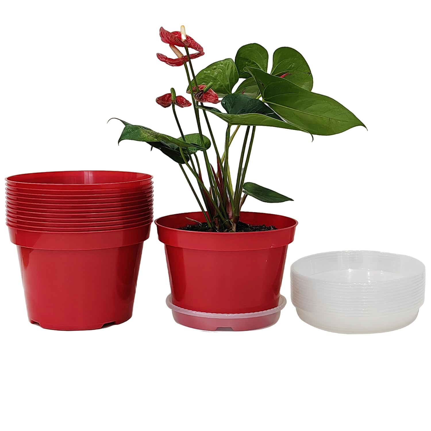 RooTrimmer 8-inch red plastic flower pots with saucers for indoor planting and decor