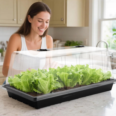 RooTrimmer balcony garden setup with durable trays for greens