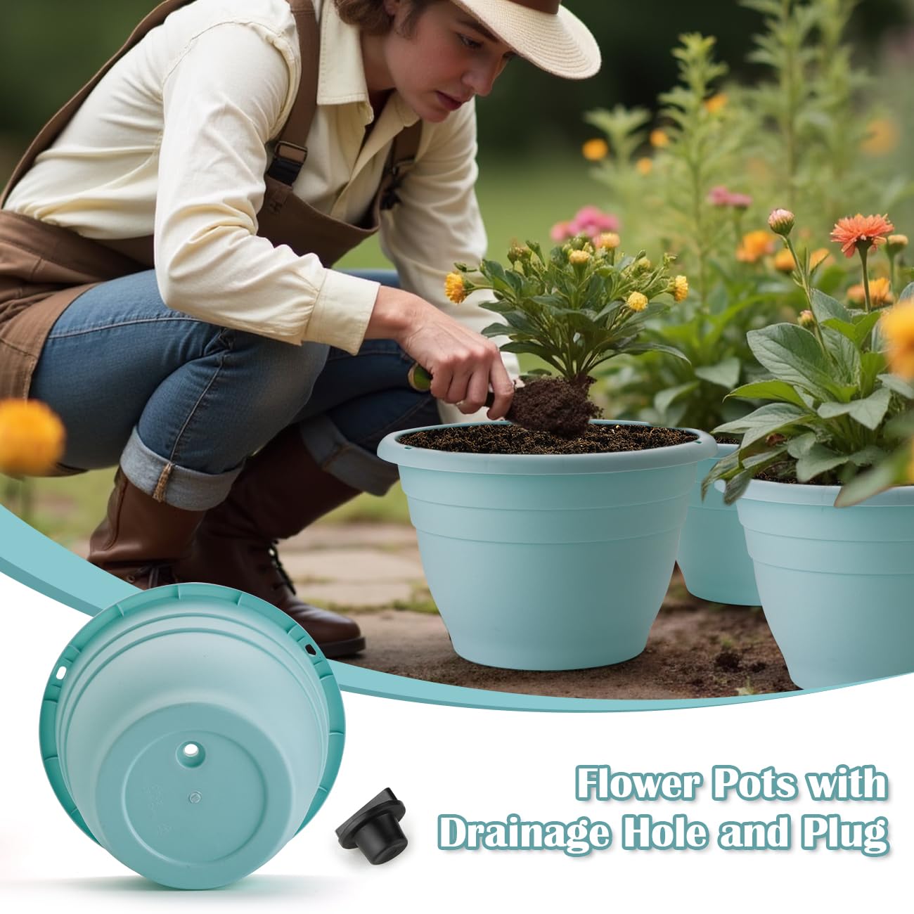 RooTrimmer blue plant pot showing drainage hole design for controlled watering.