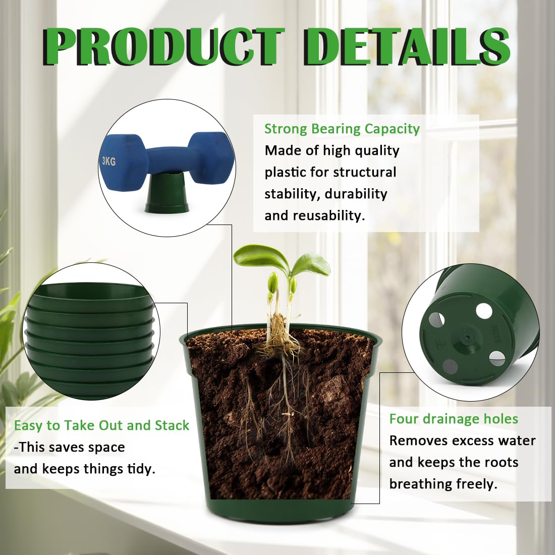 RooTrimmer compact nursery pots on a sunny windowsill for urban gardening.
